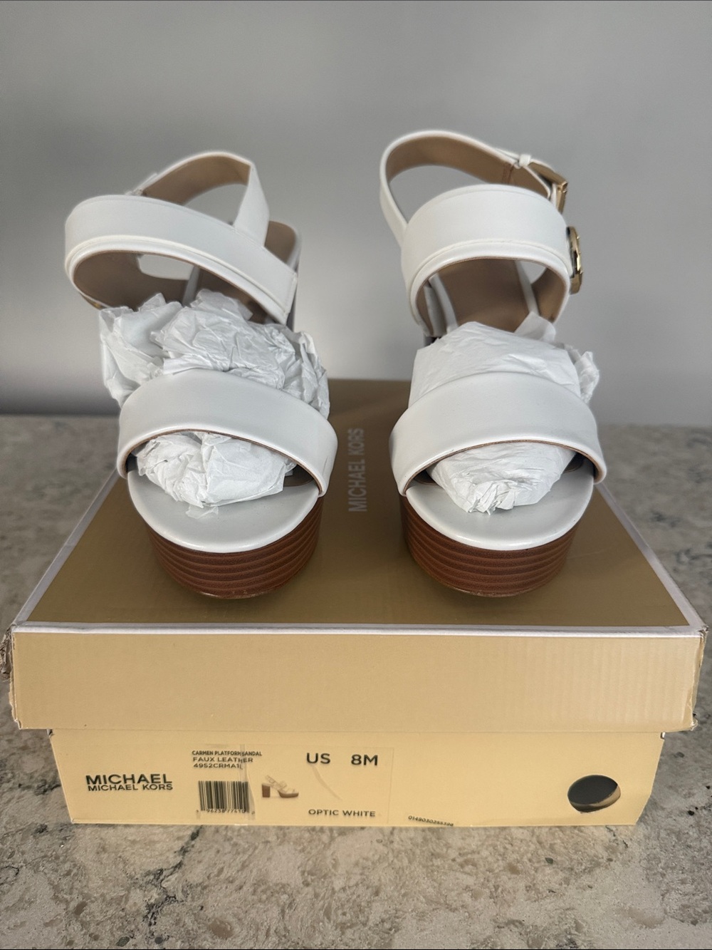 Michael Kors White Platform Wedge Sandals with Gold Buckle 8